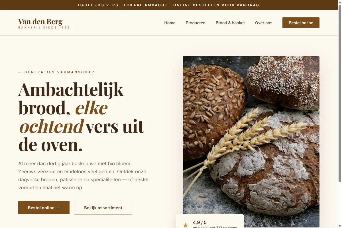 Screenshot van de website van Bakkerij van den Berg