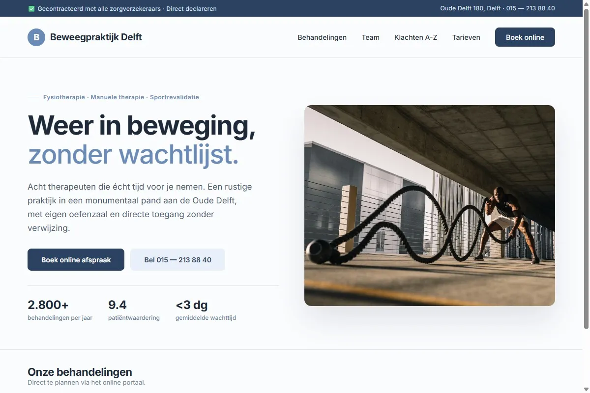 Screenshot van de website van Beweegpraktijk Delft