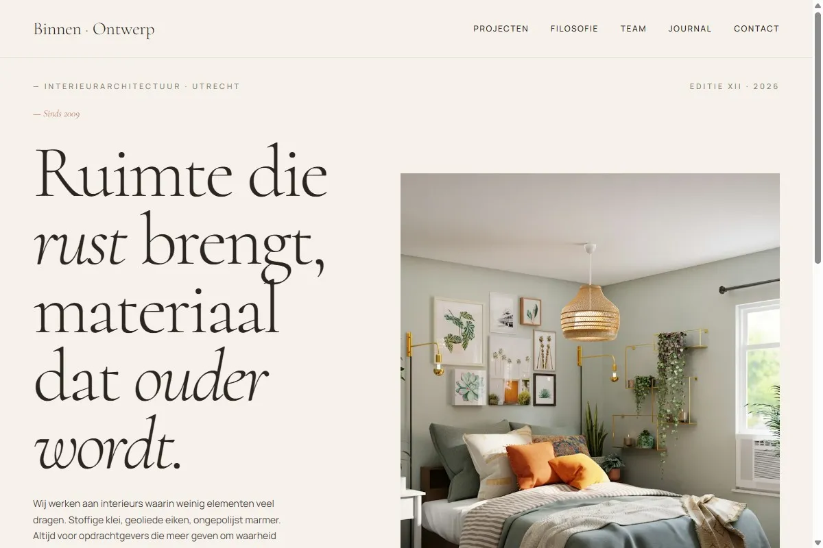 Screenshot van de website van Binnen Ontwerp