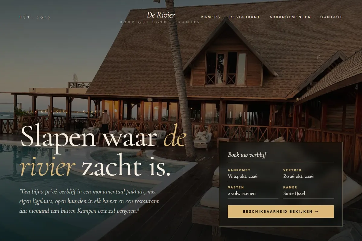 Screenshot van de website van Boutique Hotel De Rivier