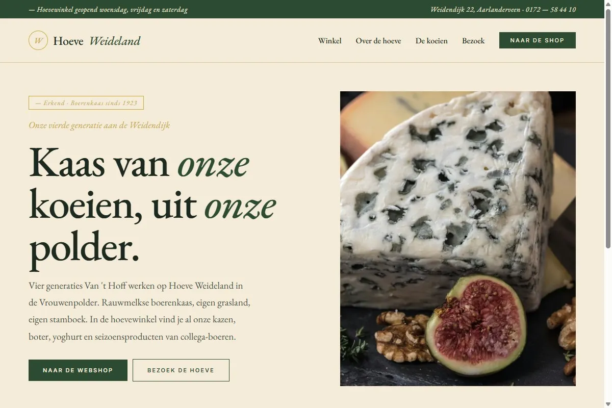 Screenshot van de website van Hoeve Weideland