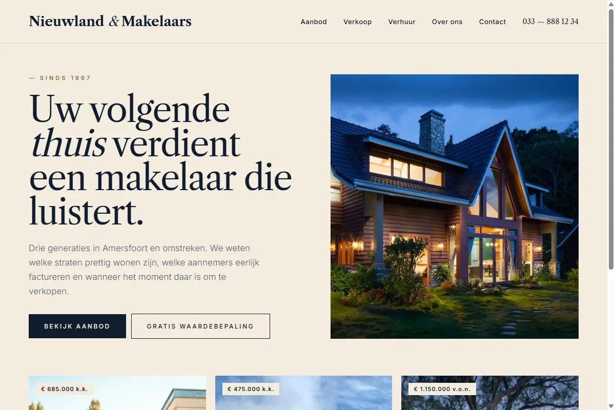 Screenshot van de website van Nieuwland Makelaars
