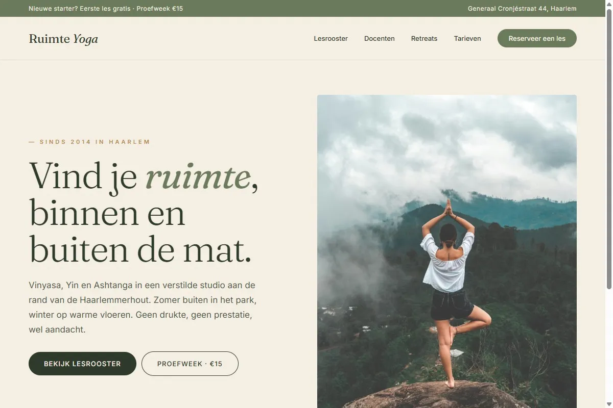 Screenshot van de website van Ruimte Yoga