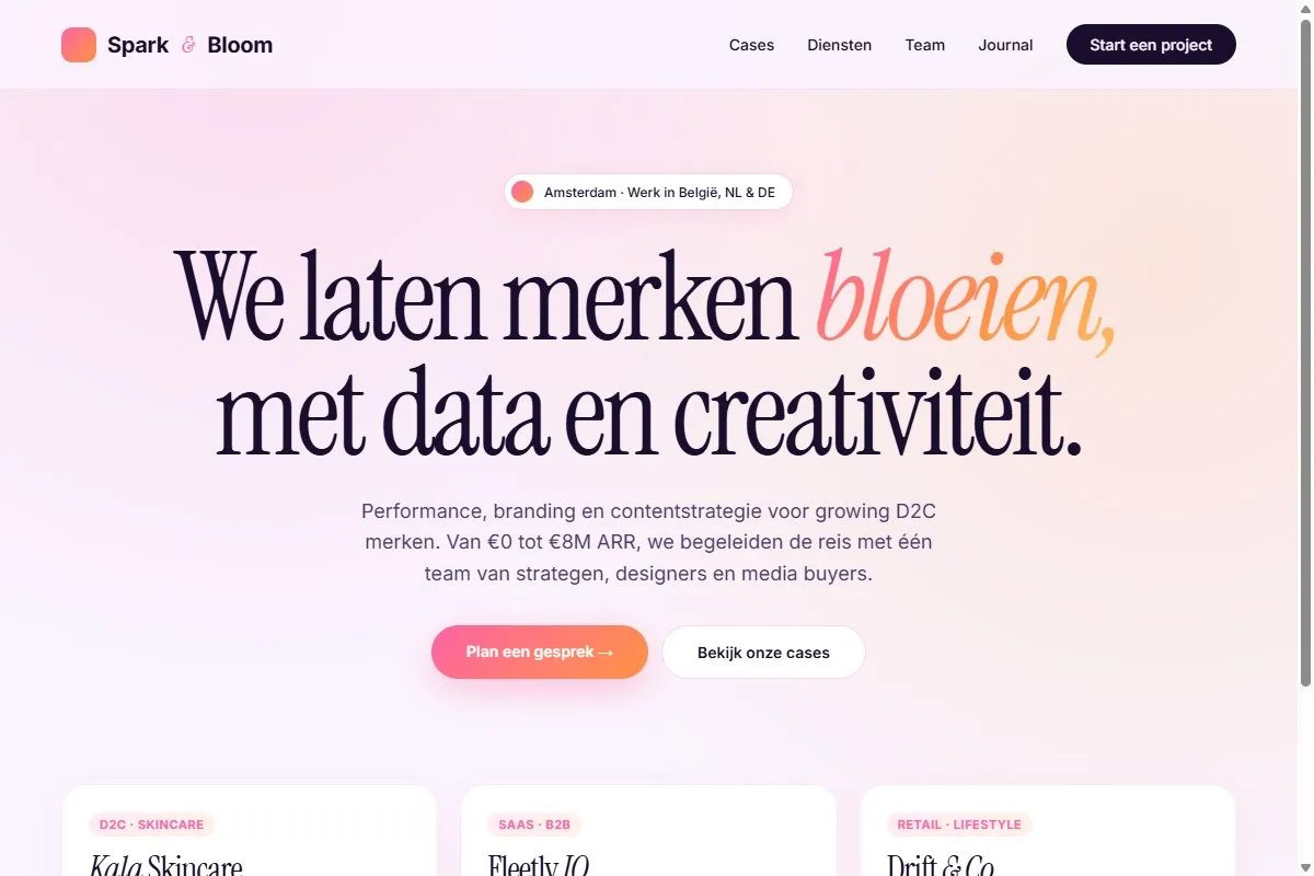 Screenshot van de website van Spark & Bloom