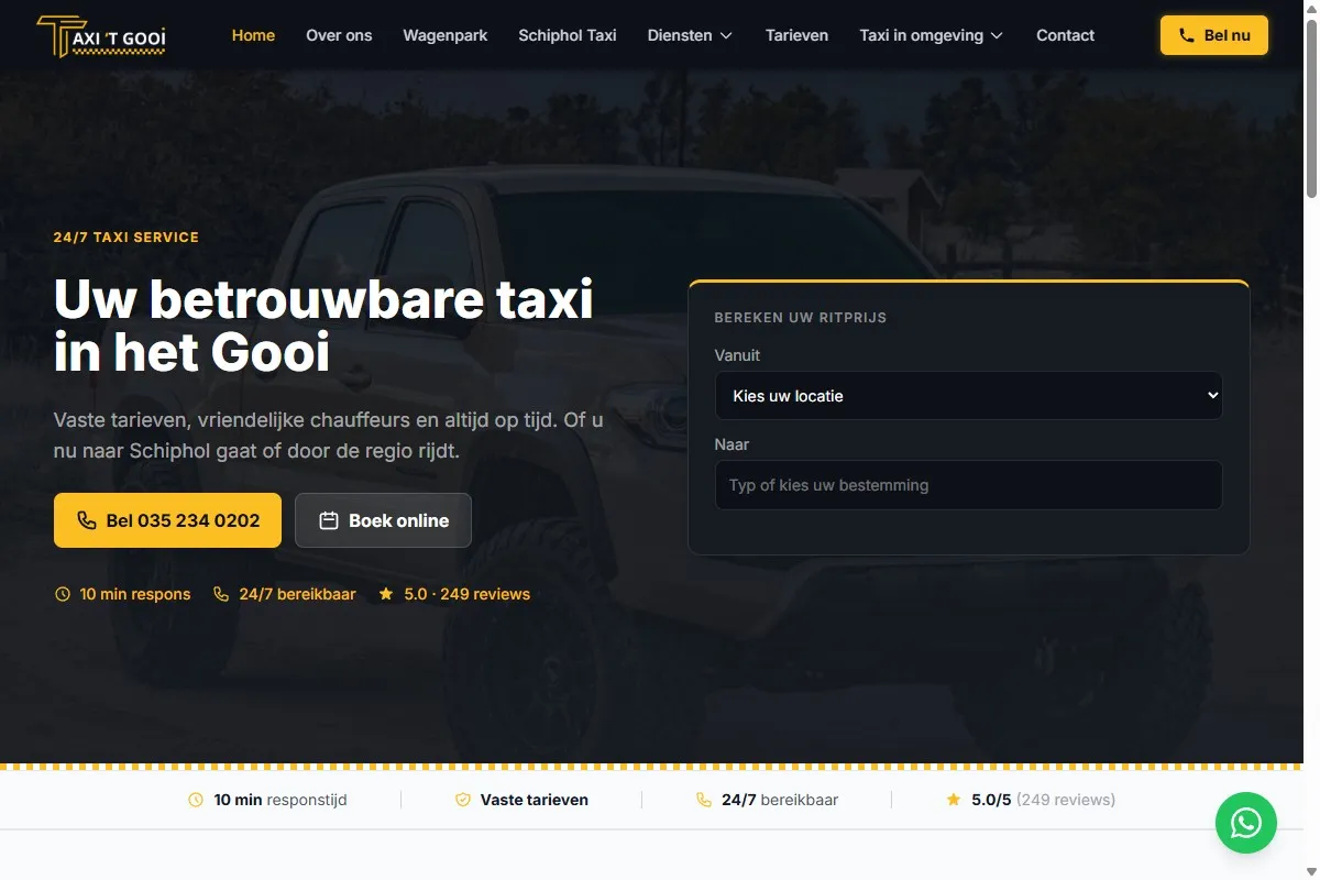 Screenshot van de website van Taxi 't Gooi