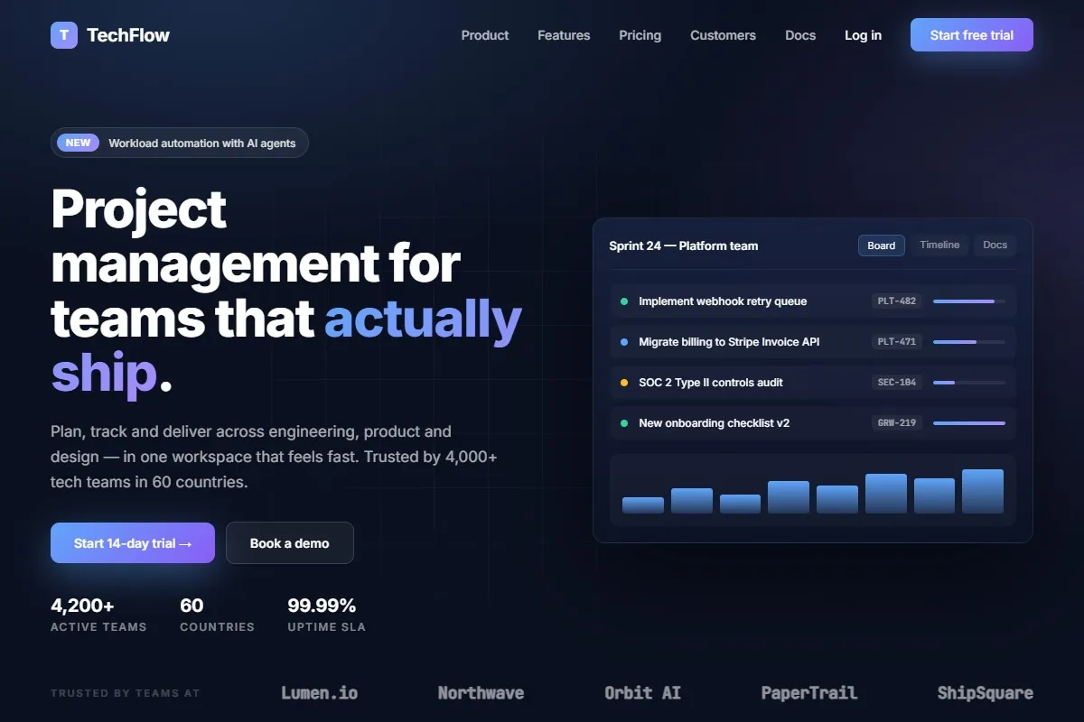 Screenshot van de website van TechFlow Solutions