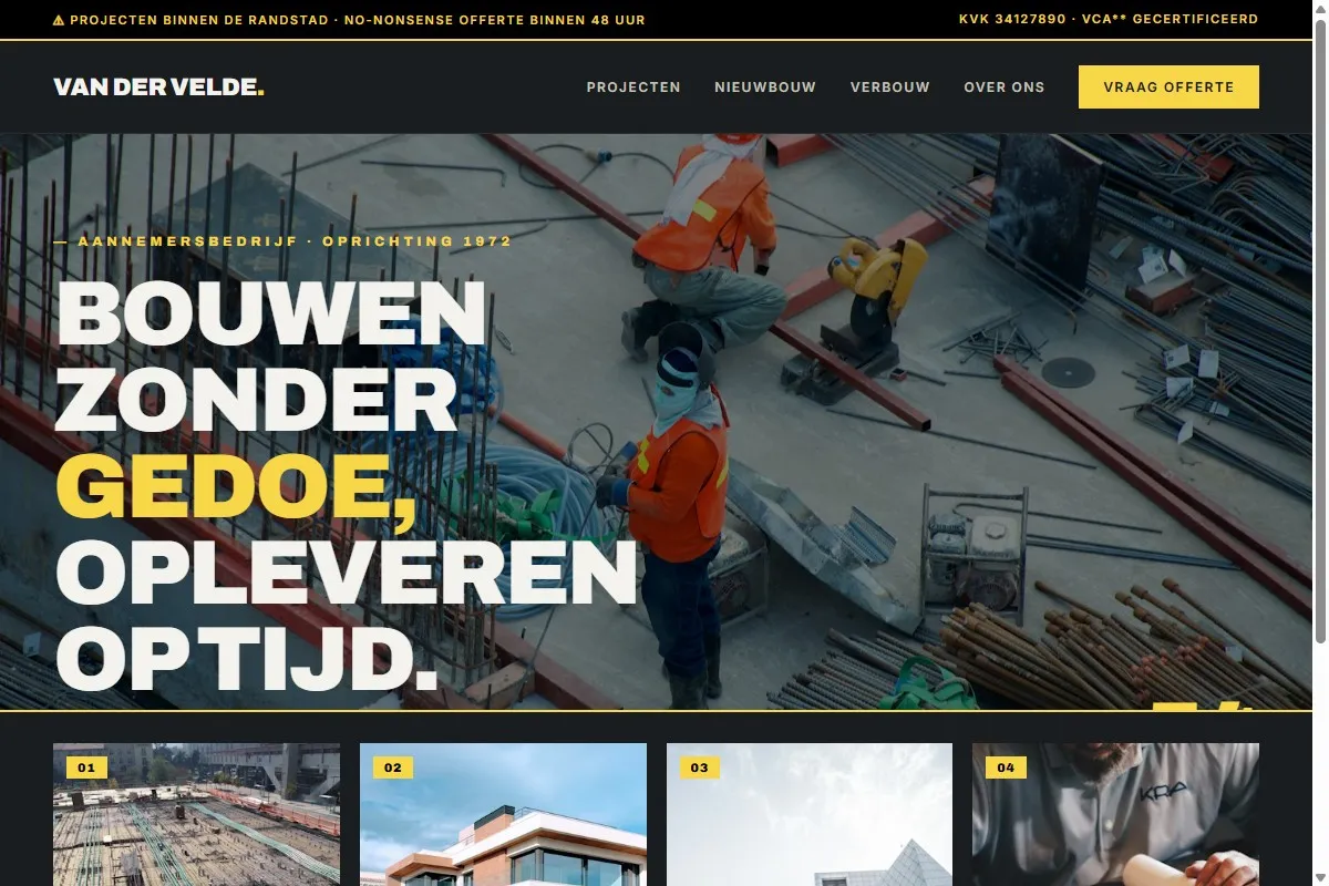 Screenshot van de website van Van der Velde Bouw