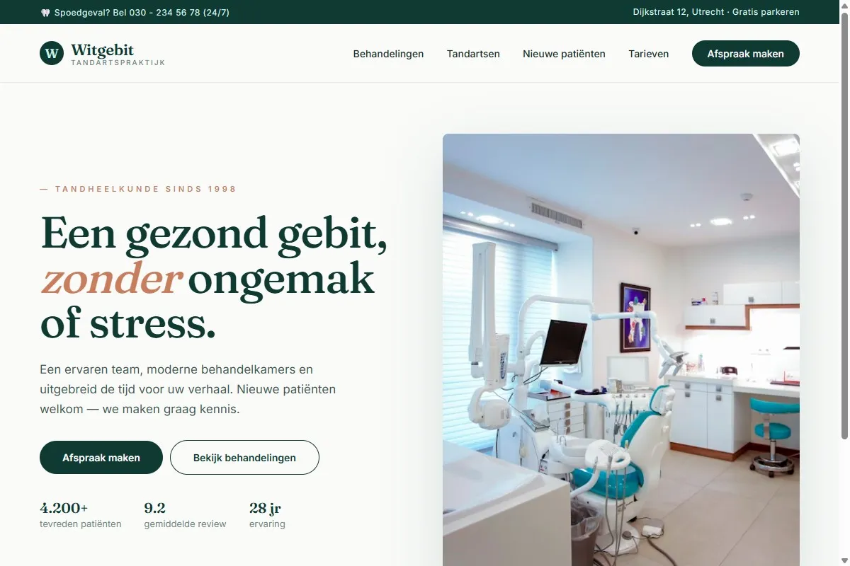 Screenshot van de website van Witgebit Tandartspraktijk